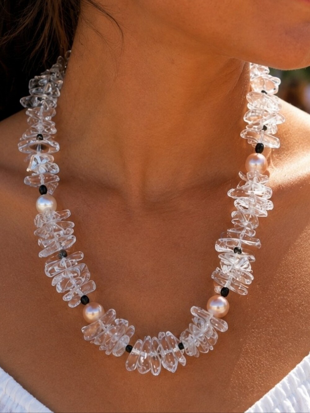 Faux Clear Melting Ice Shards Pearls Necklace NEW Tumbled Glass Beachcore Beachy